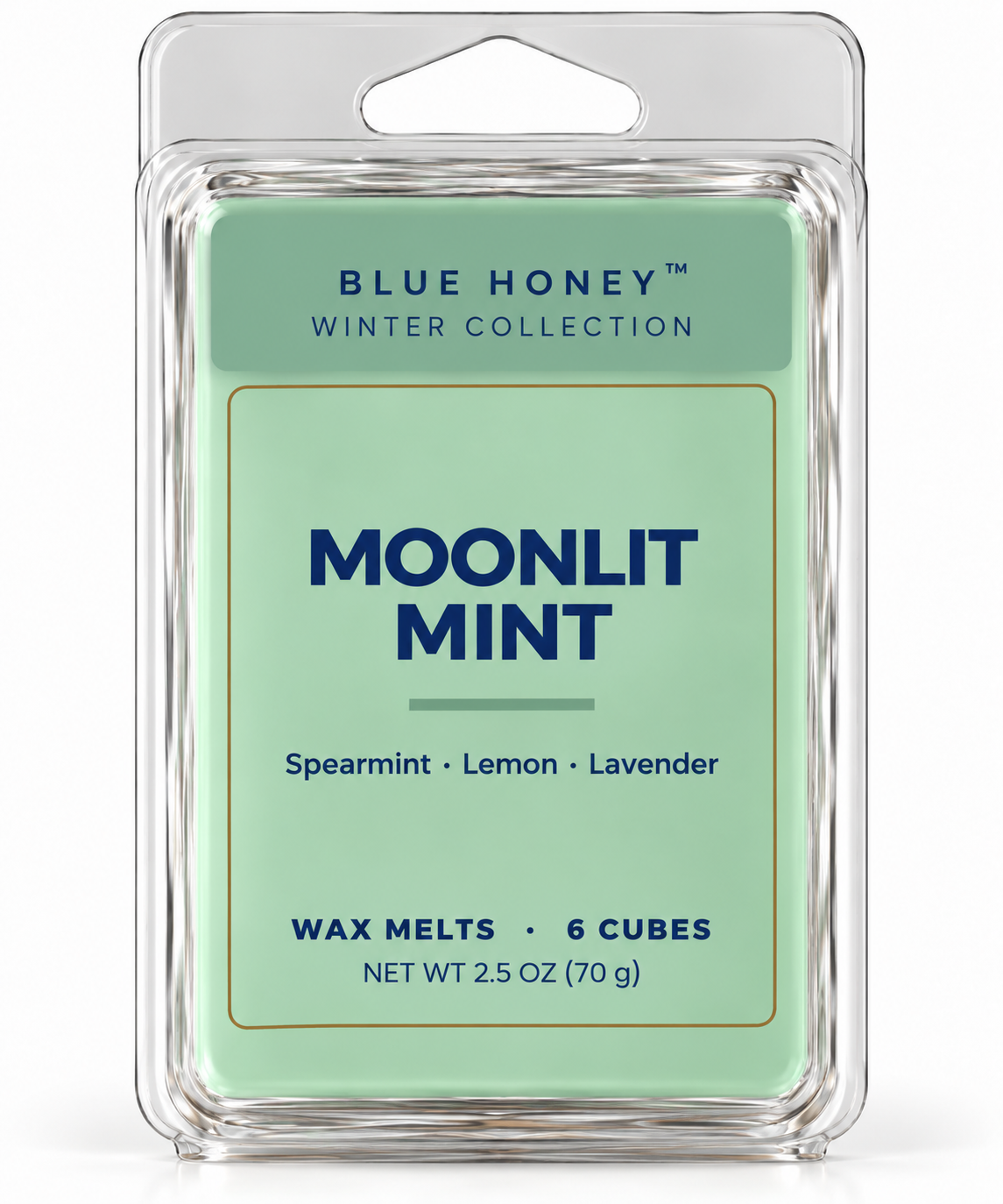 Blue Honey Moonlit Mint scented wax melts, 6 cubes in a clamshell, Winter Collection
