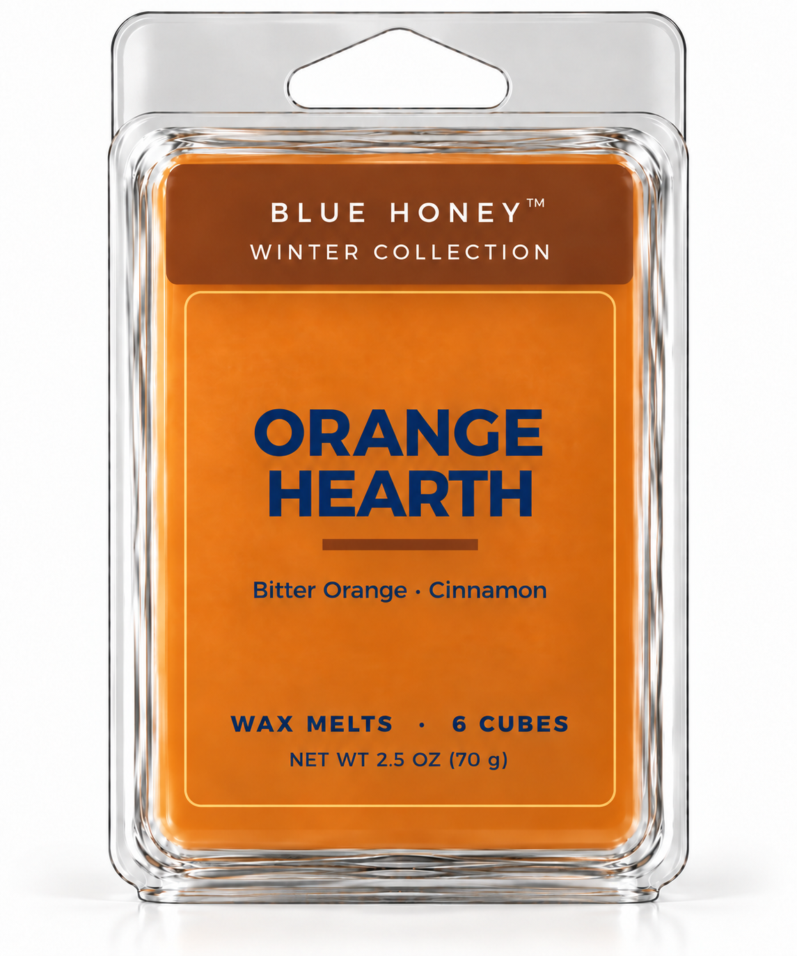 Blue Honey Orange Hearth scented wax melts, 6 cubes in a clamshell, Winter Collection
