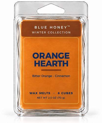 Blue Honey Orange Hearth scented wax melts, 6 cubes in a clamshell, Winter Collection
