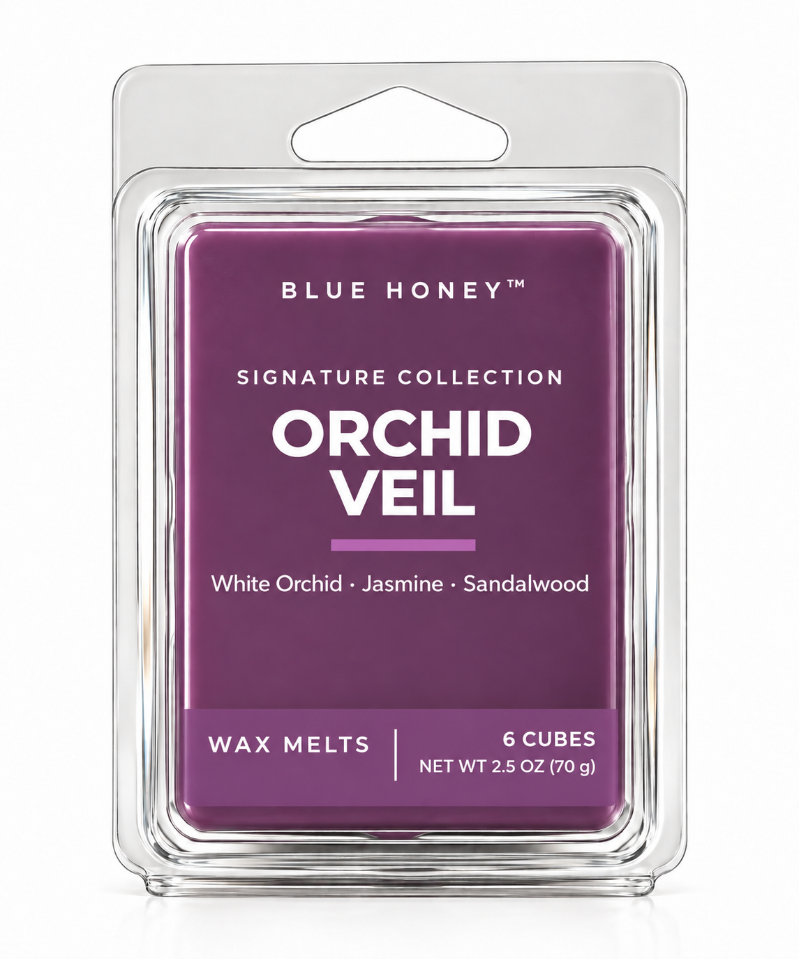Blue Honey Orchid Veil scented wax melts, 6 cubes in a clamshell, Signature Collection