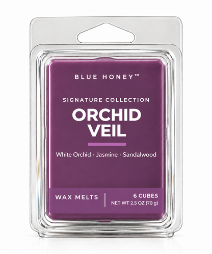Blue Honey Orchid Veil scented wax melts, 6 cubes in a clamshell, Signature Collection