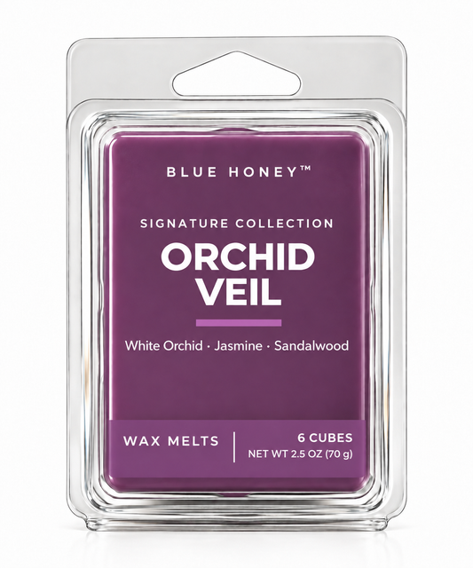 Blue Honey Orchid Veil scented wax melts, 6 cubes in a clamshell, Signature Collection