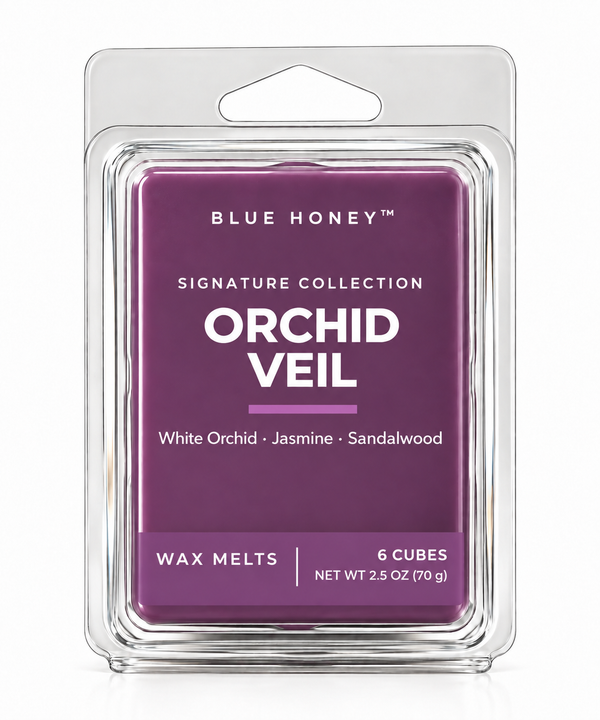Blue Honey Orchid Veil scented wax melts, 6 cubes in a clamshell, Signature Collection