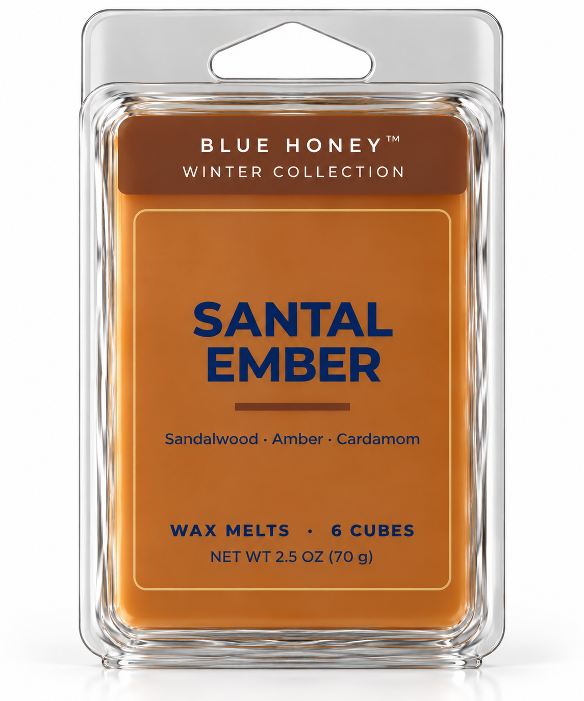Blue Honey Santal Ember scented wax melts, 6 cubes in a clamshell, Winter Collection