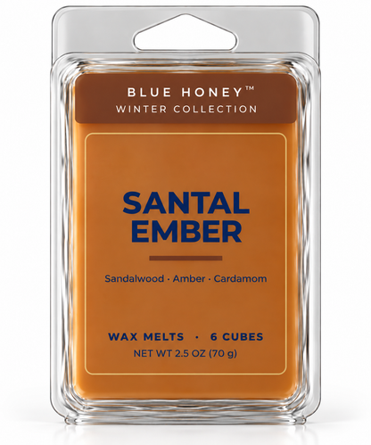Blue Honey Santal Ember scented wax melts, 6 cubes in a clamshell, Winter Collection