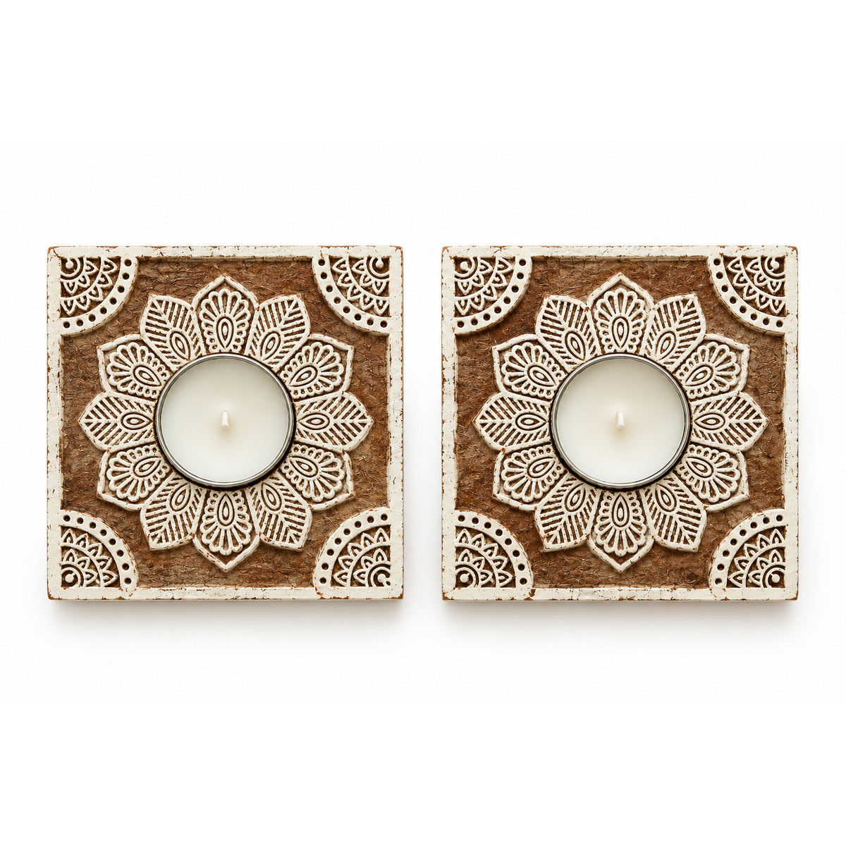 Blue Honey set of 2 wooden mandala block print tealight holders with tealights, on a white background