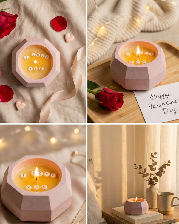 Baby pink concrete jar candle with "I Love You" hidden message, lit flame, and rose petals.