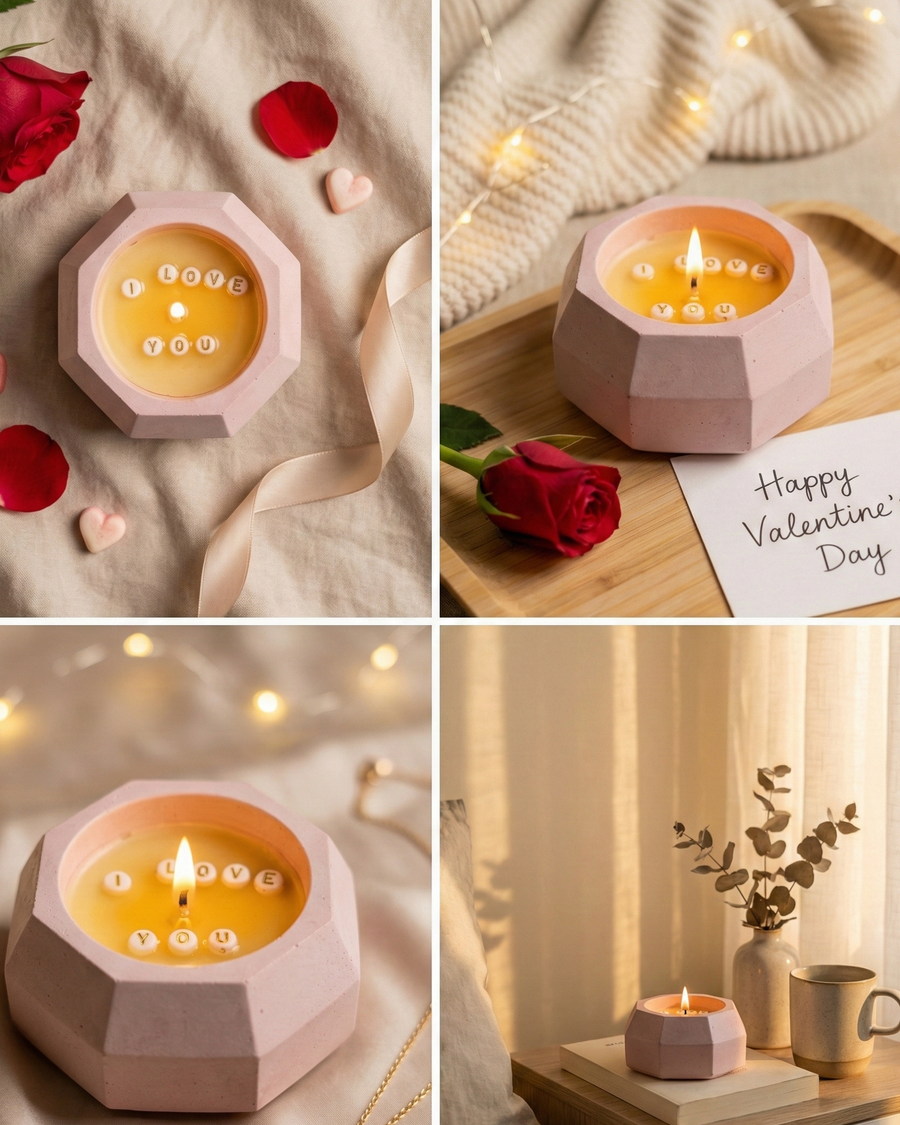 Baby pink concrete jar candle with "I Love You" hidden message, lit flame, and rose petals.