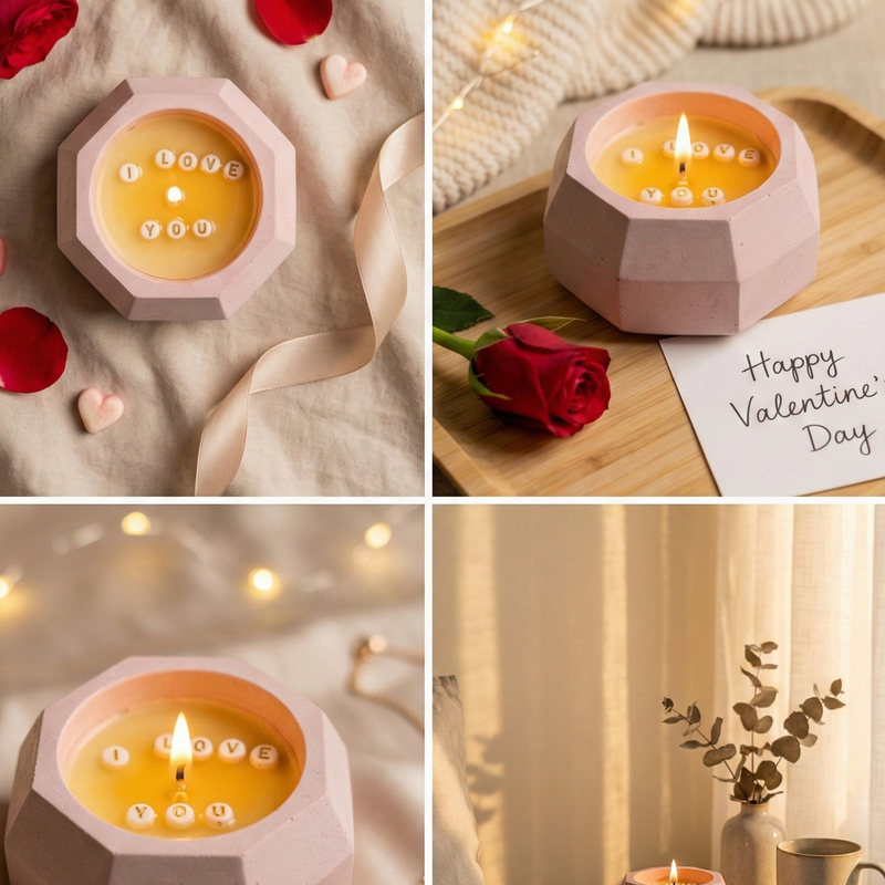 Baby pink concrete jar candle with "I Love You" hidden message, lit flame, and rose petals.