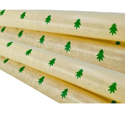 Close-up view of tan gift wrap with a repeating pattern of small green Christmas trees.