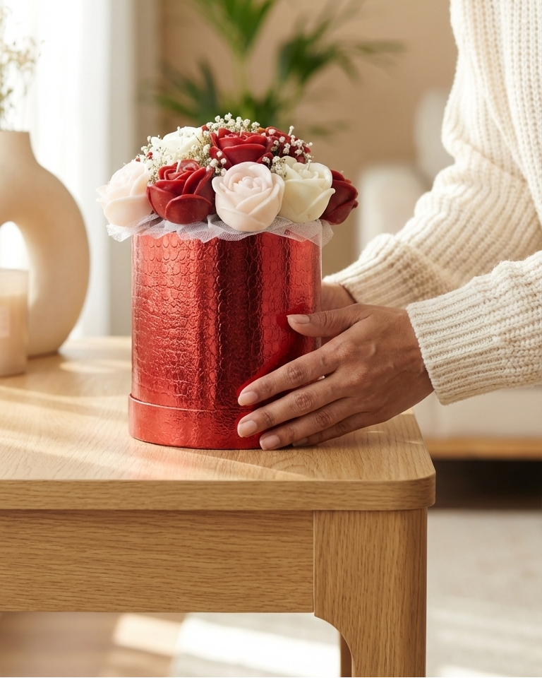 Woman holding a red-wrapped gift with wax flowers on a wooden table