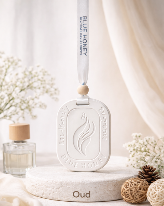 Blue Honey reusable gypsum Oud car aroma tag — car freshener handcrafted in Navi Mumbai.