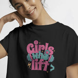 Black crop top with 'Girls Who Lift' graphic featuring dumbbells and a kettlebell, front view.