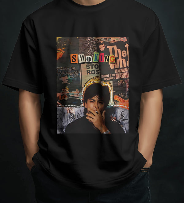 Black t-shirt with a "SmoKING" graphic featuring a collage and a man smoking.