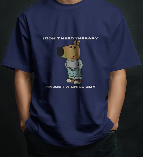 Navy blue men's graphic t-shirt with "I Don't Need Therapy" and a chill dog character.