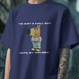 Navy blue graphic tee with "I'm Just a Chill Guy… Until My WiFi Dies" text and cartoon dog print.