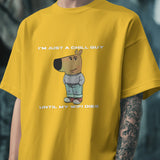 Yellow cotton graphic t-shirt with "I'm Just a Chill Guy… Until My WiFi Dies" text and cartoon print.