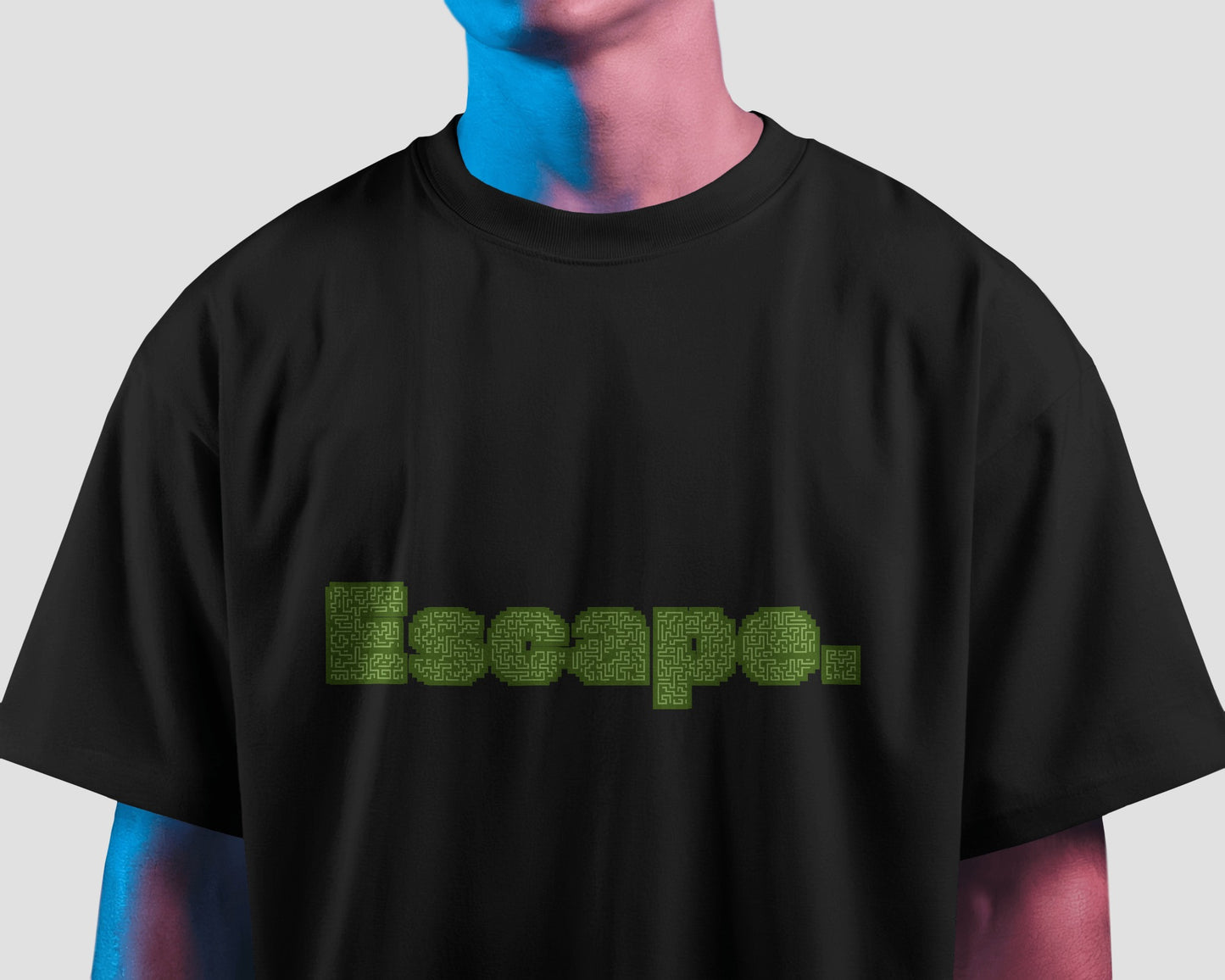 front half view of a model wearing an oversized ESCAPE tshirt black