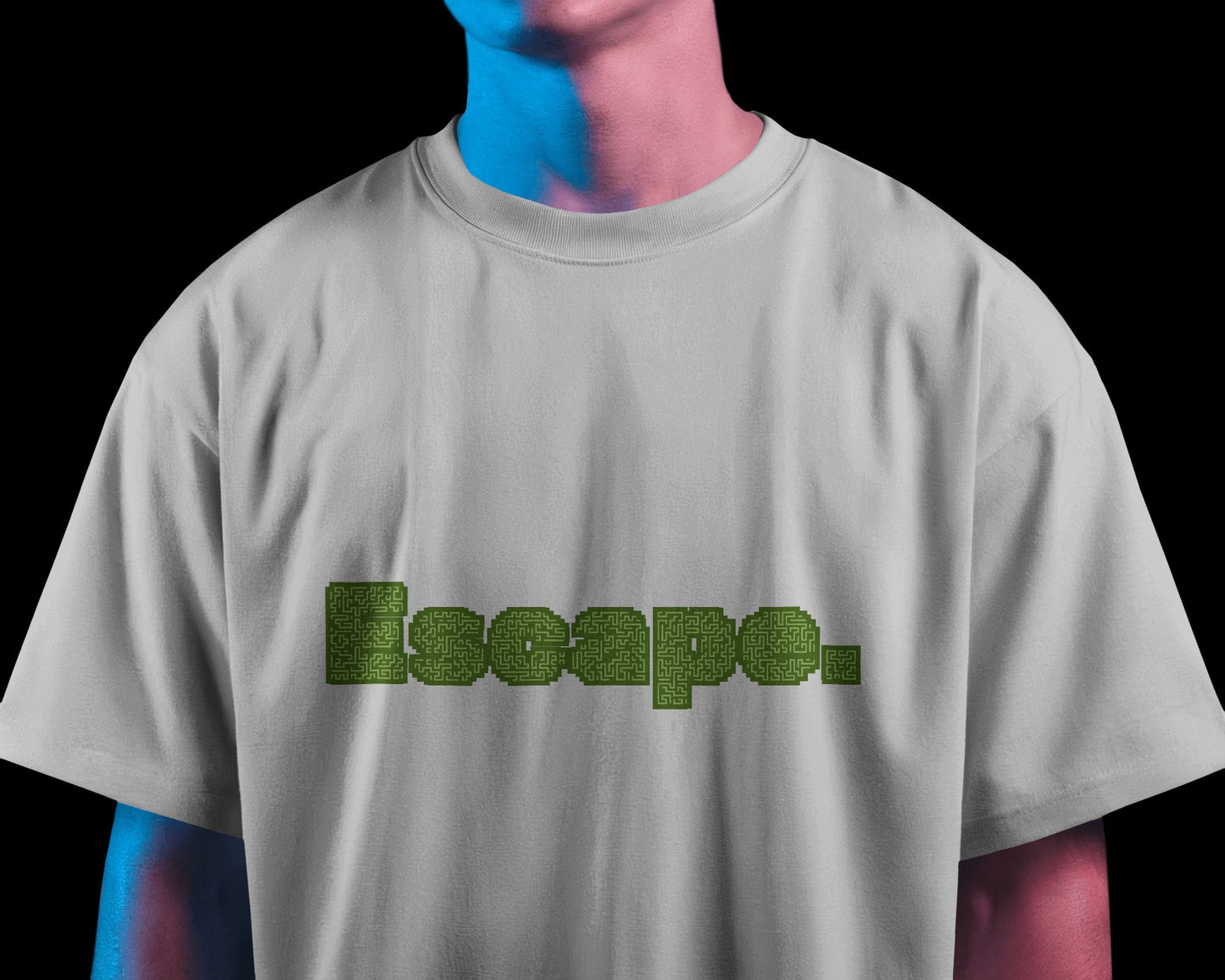 front half view of a model wearing an oversized ESCAPE tshirt white