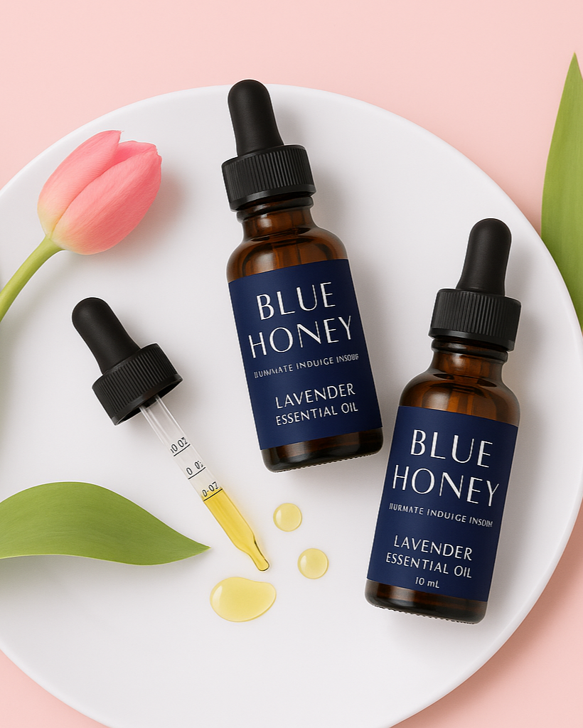 Blue Honey Lavender Essential Oil bottles and dropper with oil droplets on a white plate, styled with a pink tulip and green leaf.