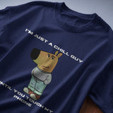 Men's navy graphic t-shirt with "I'm Just a Chill Guy… Until You Touch My Phone" text and cartoon dog print.