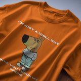 Men's orange graphic tee with "I'm Just a Chill Guy… Until You Touch My Phone" text and cartoon dog print.