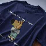 Navy blue graphic t-shirt with "I’m Just a Chill Guy… Until My WiFi Dies" text and cartoon dog illustration.