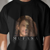 Black SRK Mufasa t-shirt featuring a split image of Shah Rukh Khan and a lion, with the name Mufasa below.
