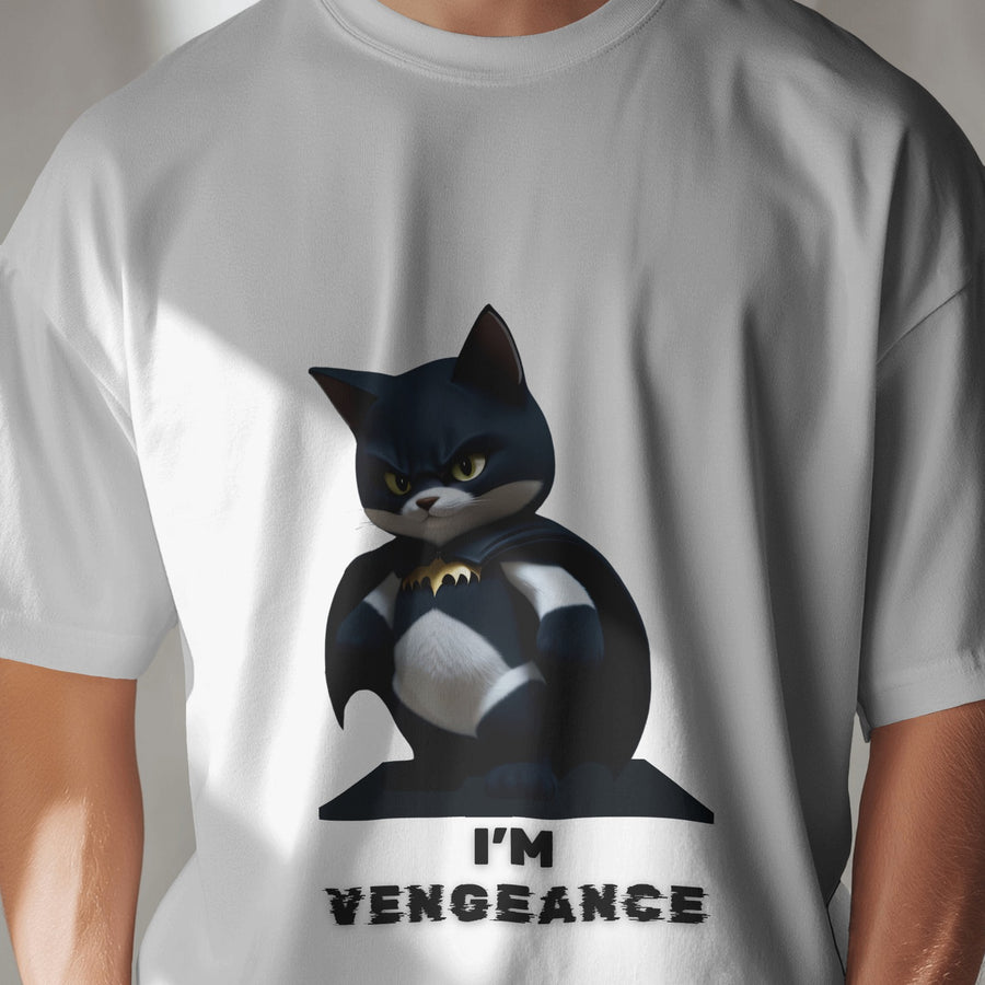 White t-shirt featuring a cartoon cat dressed as Batman with the text 'I'M VENGEANCE' below.