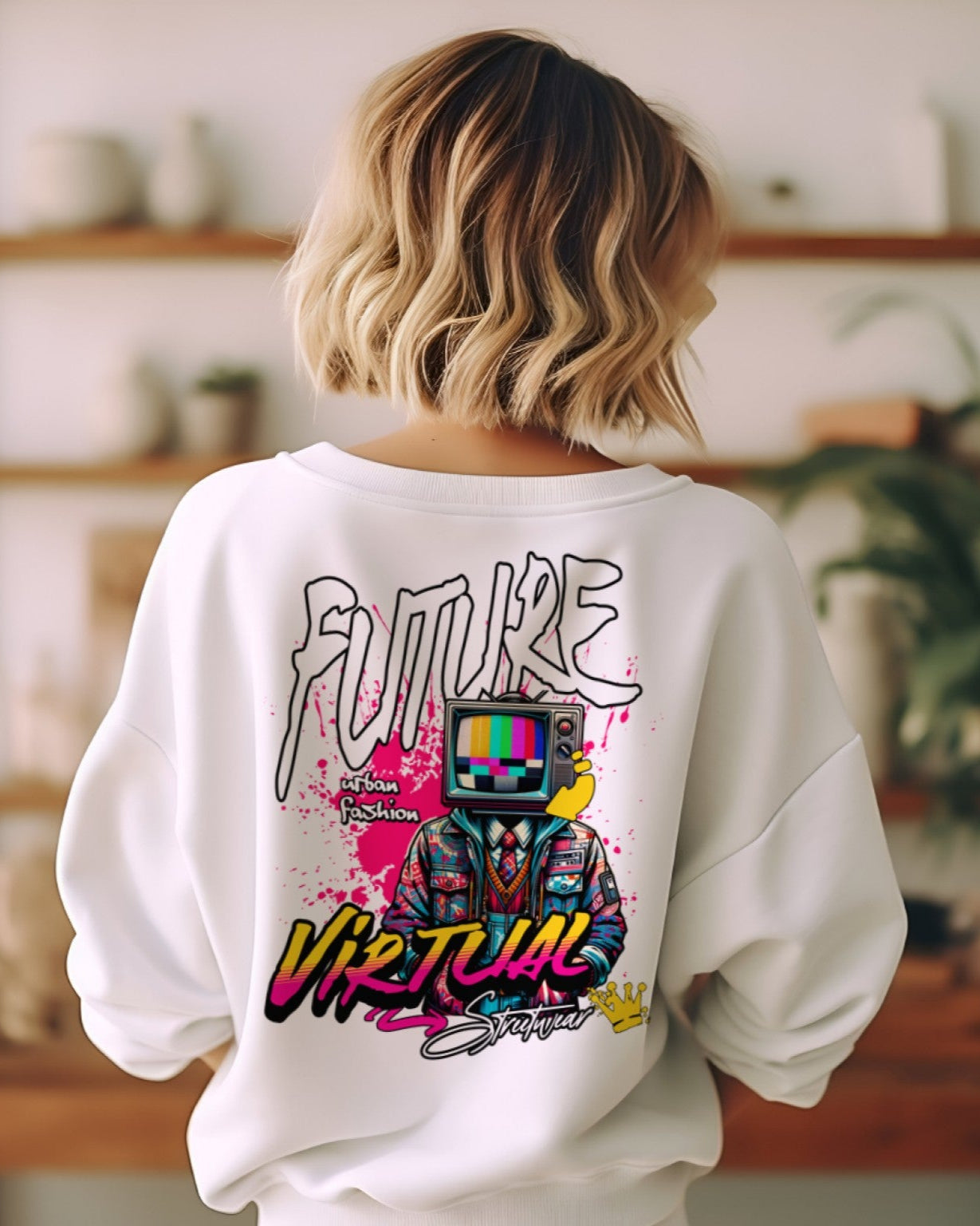 back view of a short hair blonde girl wearing White 'Virtual Streetwear Graphic Oversized Unisex Sweatshirt'