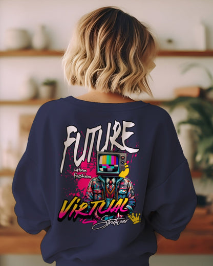 back view of a short hair blonde girl wearing Navy 'Virtual Streetwear Graphic Oversized Unisex Sweatshirt'