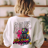Back view of a white unisex oversized sweatshirt featuring a 'Future Virtual Streetwear' graphic with a TV-headed figure.