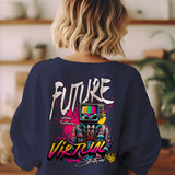 Back view of a navy blue unisex sweatshirt featuring a 'Future Virtual Streetwear' graphic with a TV-headed figure.