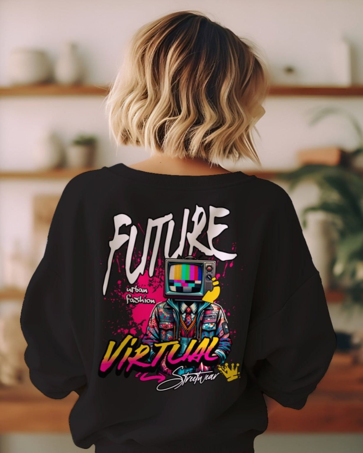 back view of a short hair blonde girl wearing Black 'Virtual Streetwear Graphic Oversized Unisex Sweatshirt'