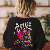 Back view of a black unisex oversized sweatshirt with a 'Future Virtual Streetwear' graphic design.