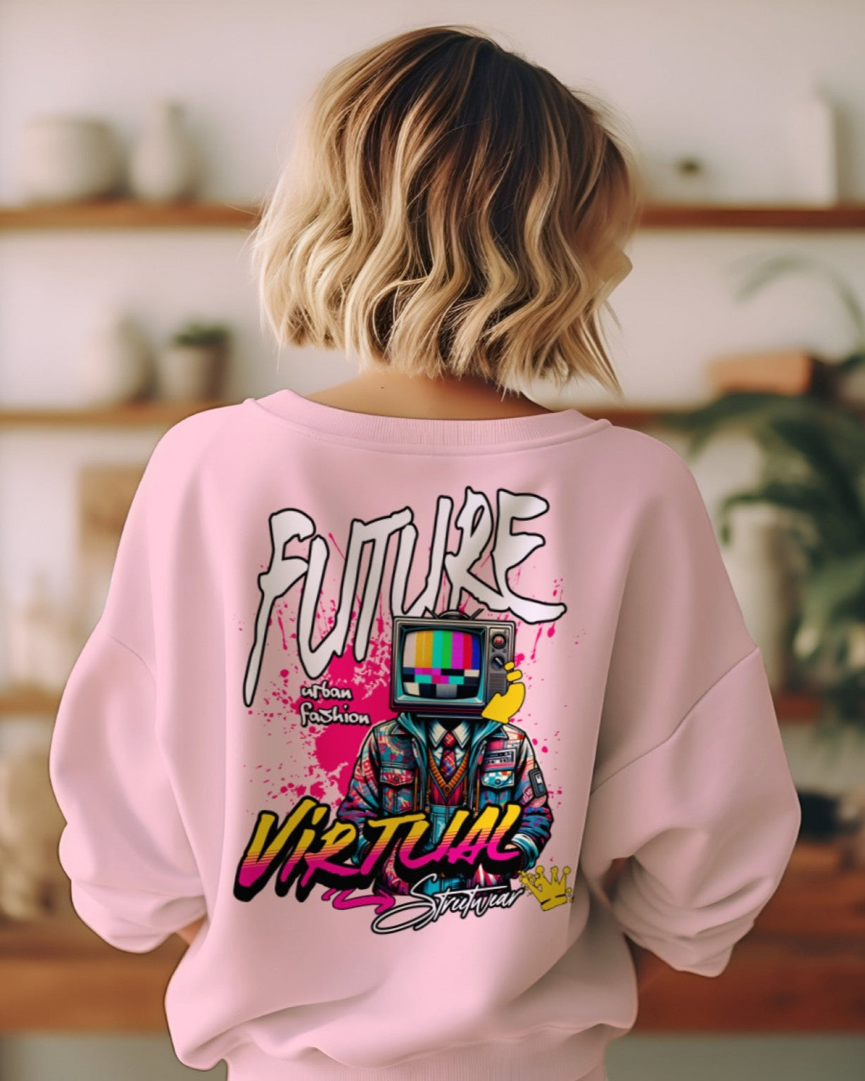 back view of a short hair blonde girl wearing Pink 'Virtual Streetwear Graphic Oversized Unisex Sweatshirt'