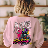 Pink unisex oversized sweatshirt with 'Future Virtual Streetwear' graphic on the back.