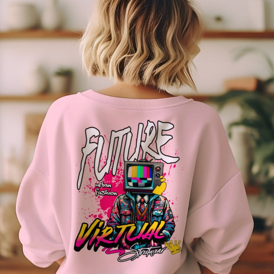 Pink unisex oversized sweatshirt with 'Future Virtual Streetwear' graphic on the back.