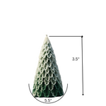 A green and white Christmas tree-shaped soy wax pillar candle shown from the front, with dimensions indicated.
