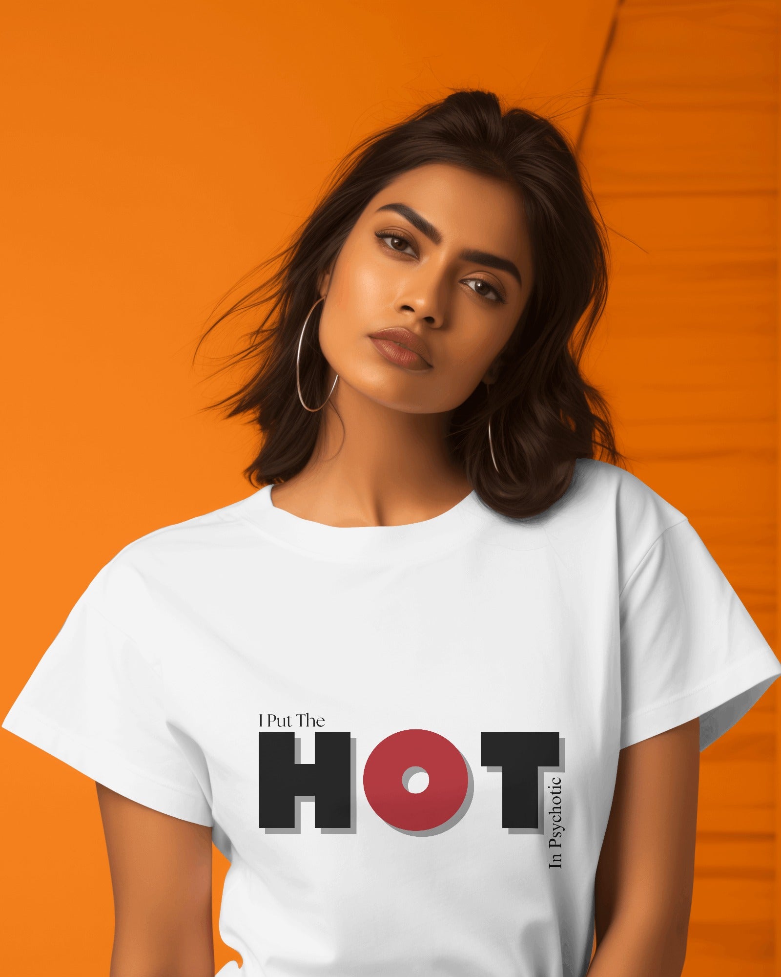 an Indian female model wearing white classic half sleeve round neck I put the hot in psychotic graphic t-shirt. 