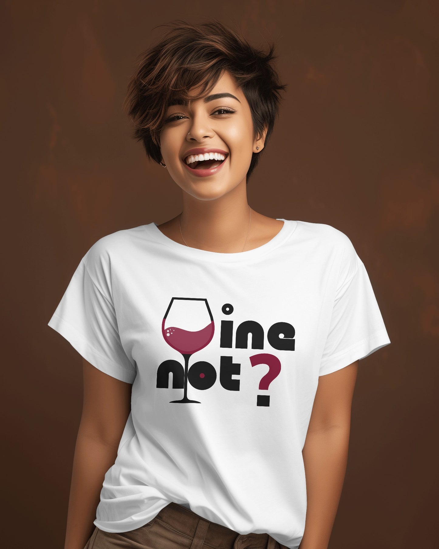 an Indian female model wearing white wine not ? graphic t-shirt