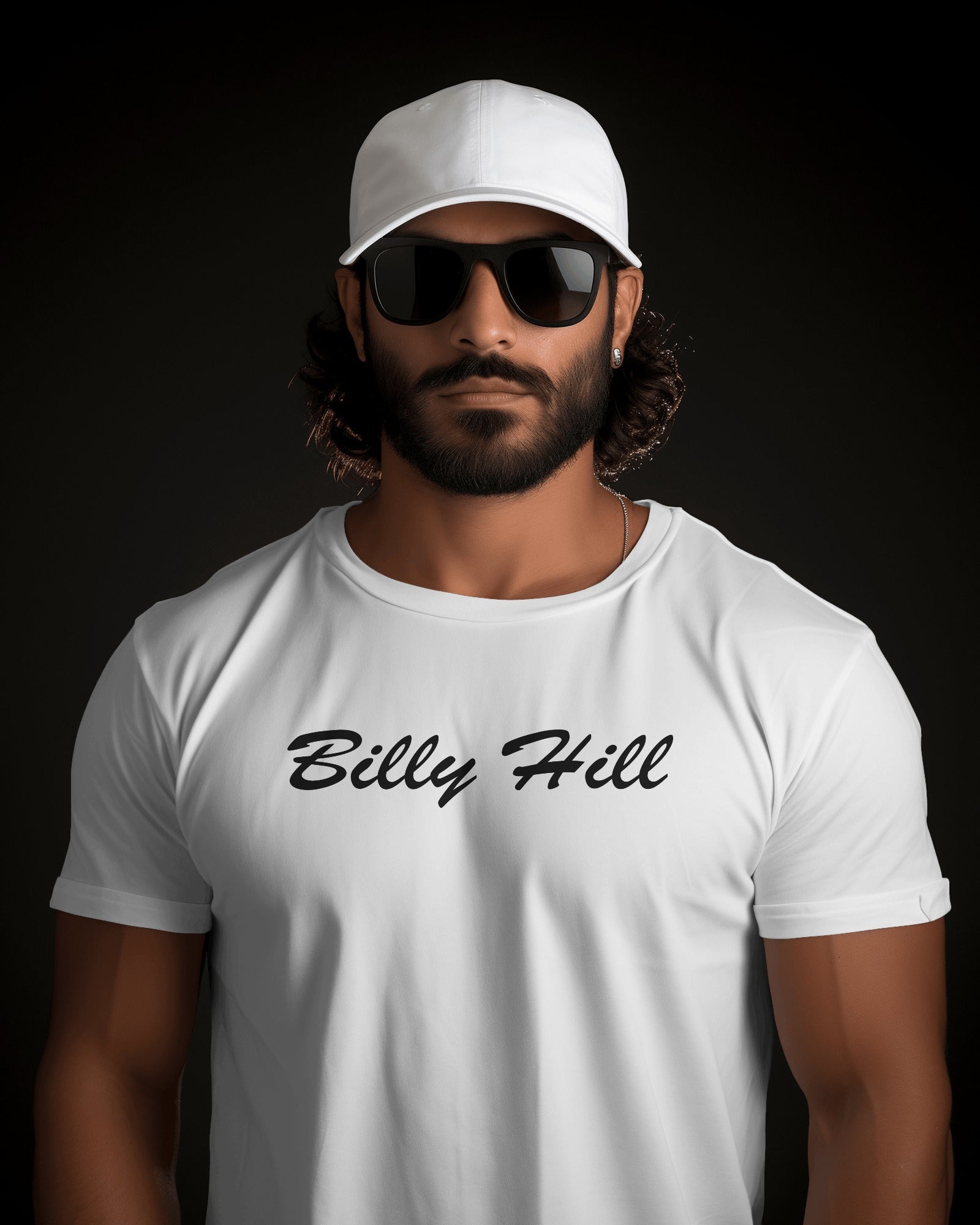 Indian male model wearing a white cap and a white tshirt with the caption Billy Hill