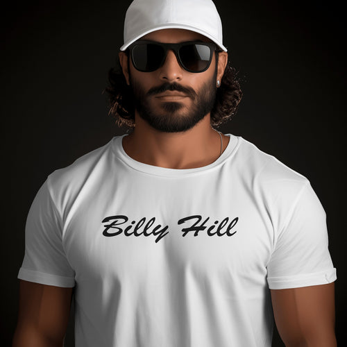 Front view of a man wearing a white Billy Hill t-shirt with black text, sunglasses, and a white cap.