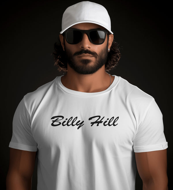 Front view of a man wearing a white Billy Hill t-shirt with black text, sunglasses, and a white cap.