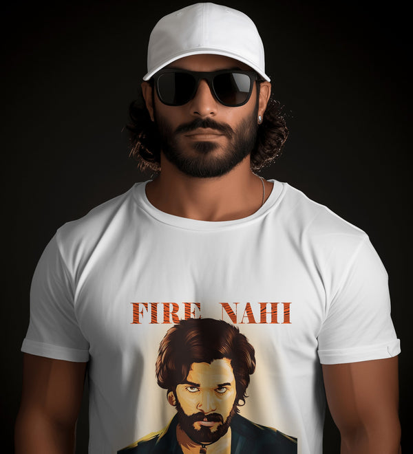 White cotton t-shirt featuring 'Fire Nahi Wildfire Hai' graphic from Pushpa 2, front view.