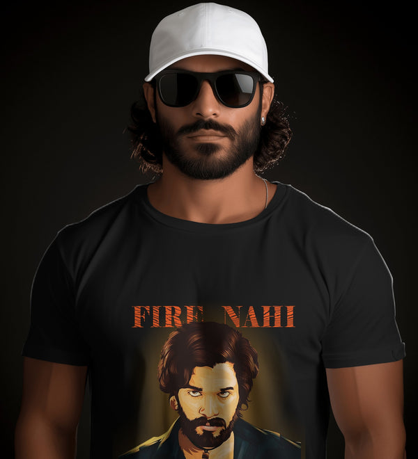 Black 'Fire Nahi Wildfire Hai Pushpa 2' t-shirt featuring a graphic of Allu Arjun, front view.
