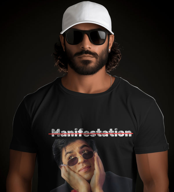 Black t-shirt featuring Shah Rukh Khan with 'Manifestation' text and 'Bas Itna Sa Khwaab Hai' quote.