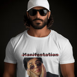 White t-shirt featuring a 'Manifestation' graphic and a print of Shah Rukh Khan with the text 'Bas Itna Sa Khwaab Hai'.