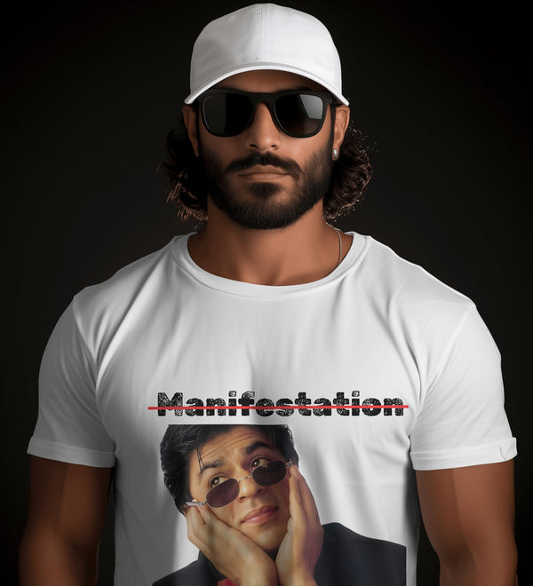 White t-shirt featuring a 'Manifestation' graphic and a print of Shah Rukh Khan with the text 'Bas Itna Sa Khwaab Hai'.