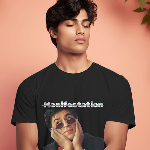 Black t-shirt with 'Manifestation' crossed out and Shah Rukh Khan with 'Bas Itna Sa Khwaab' text.